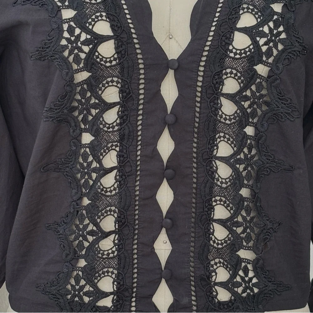 Free People Louella Embroidered Top NWT Black Cotton Cropped Scalloped L